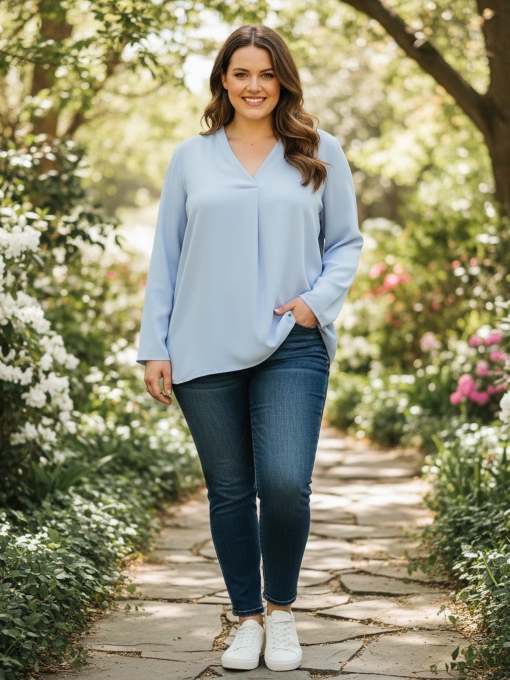 NIC+ZOE Soft V-Neck Long Sleeve Top in Light Blue